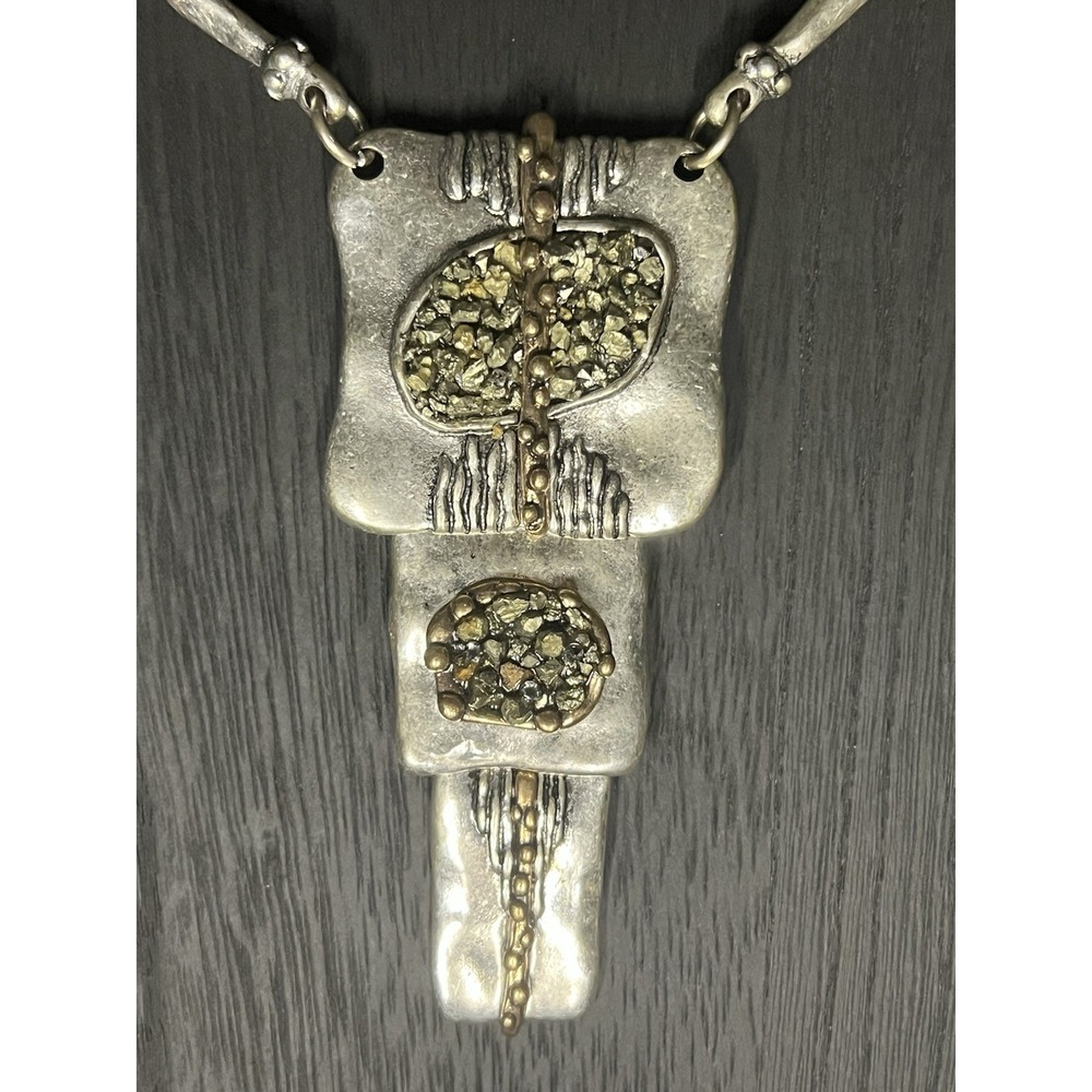 Artisan‎ Brutalist Pyrite Druzy Statement Necklace Silver Tone Large Whimsigoth